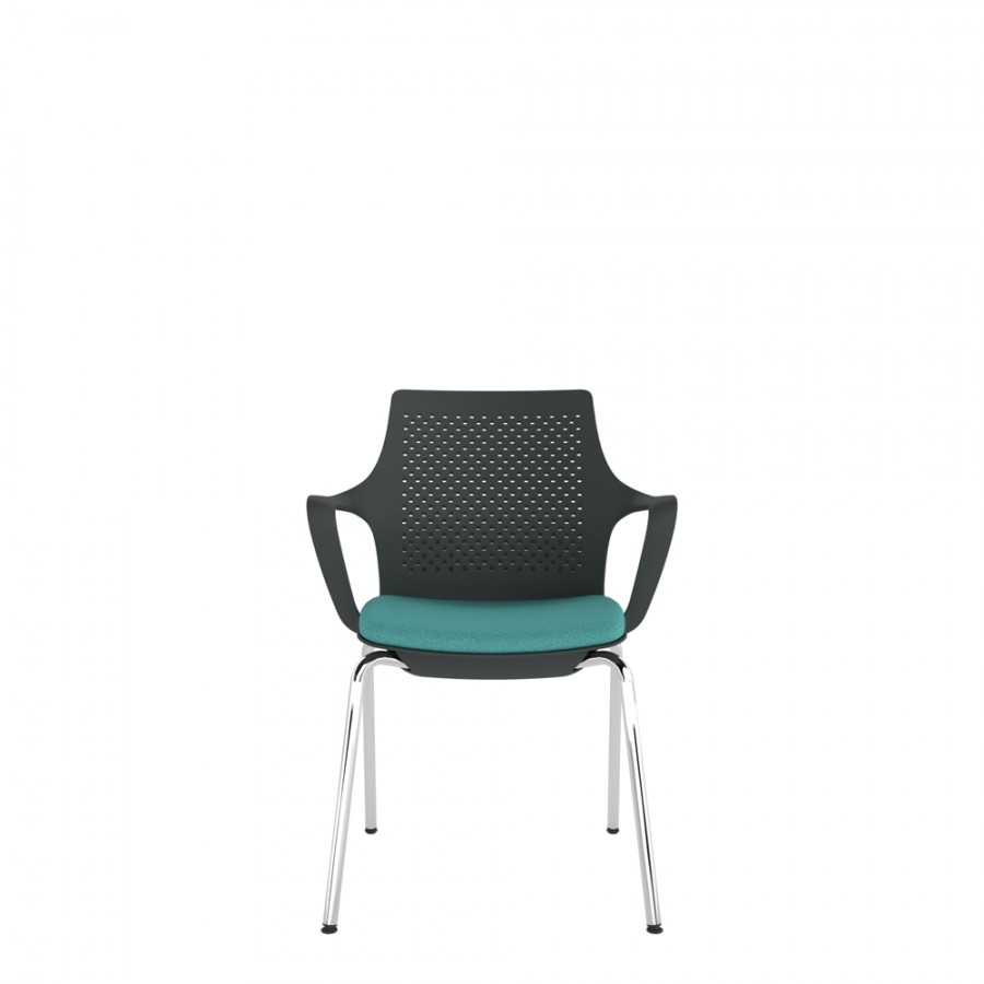 Black Perforated Back Chair With Integrated Arms, Upholstered Seat And Chrome 4 Leg Frame